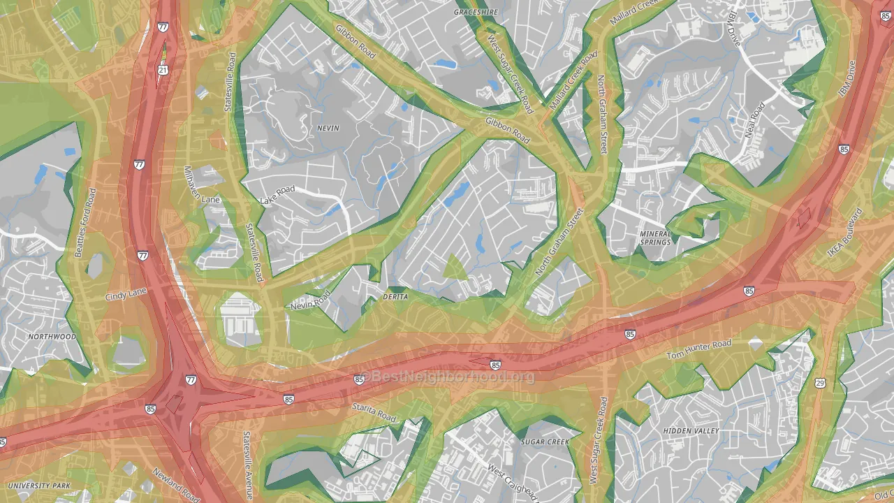 Derita-Statesville, Charlotte, NC Map of Noise Levels in Derita-Statesville