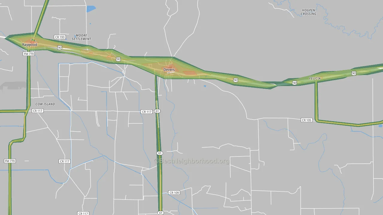 Devers, TX Map of Noise Levels in Devers