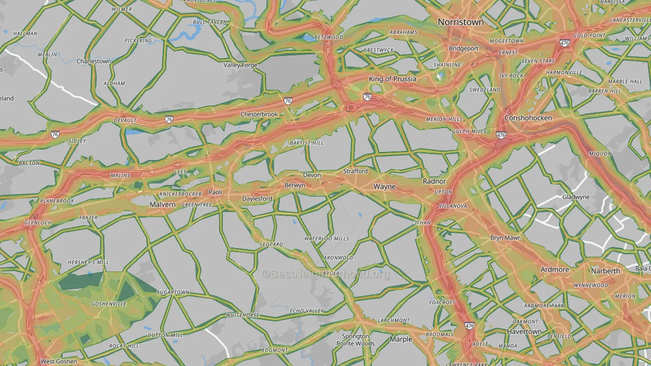 Devon, PA Map of Noise Levels in Devon