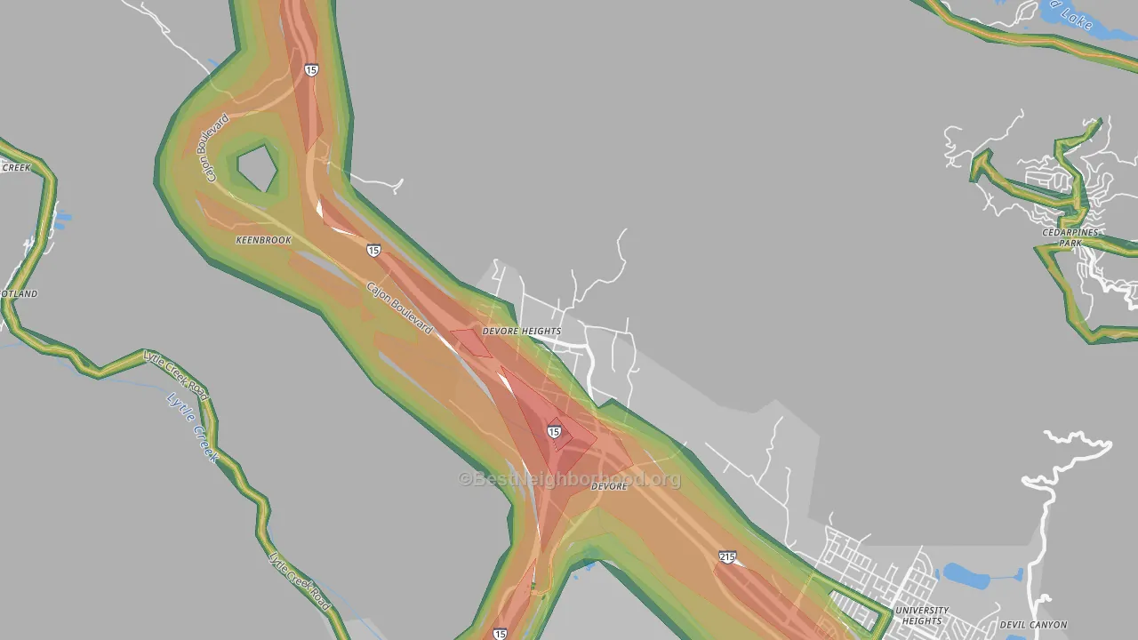 Devore Heights, CA Map of Noise Levels in Devore Heights