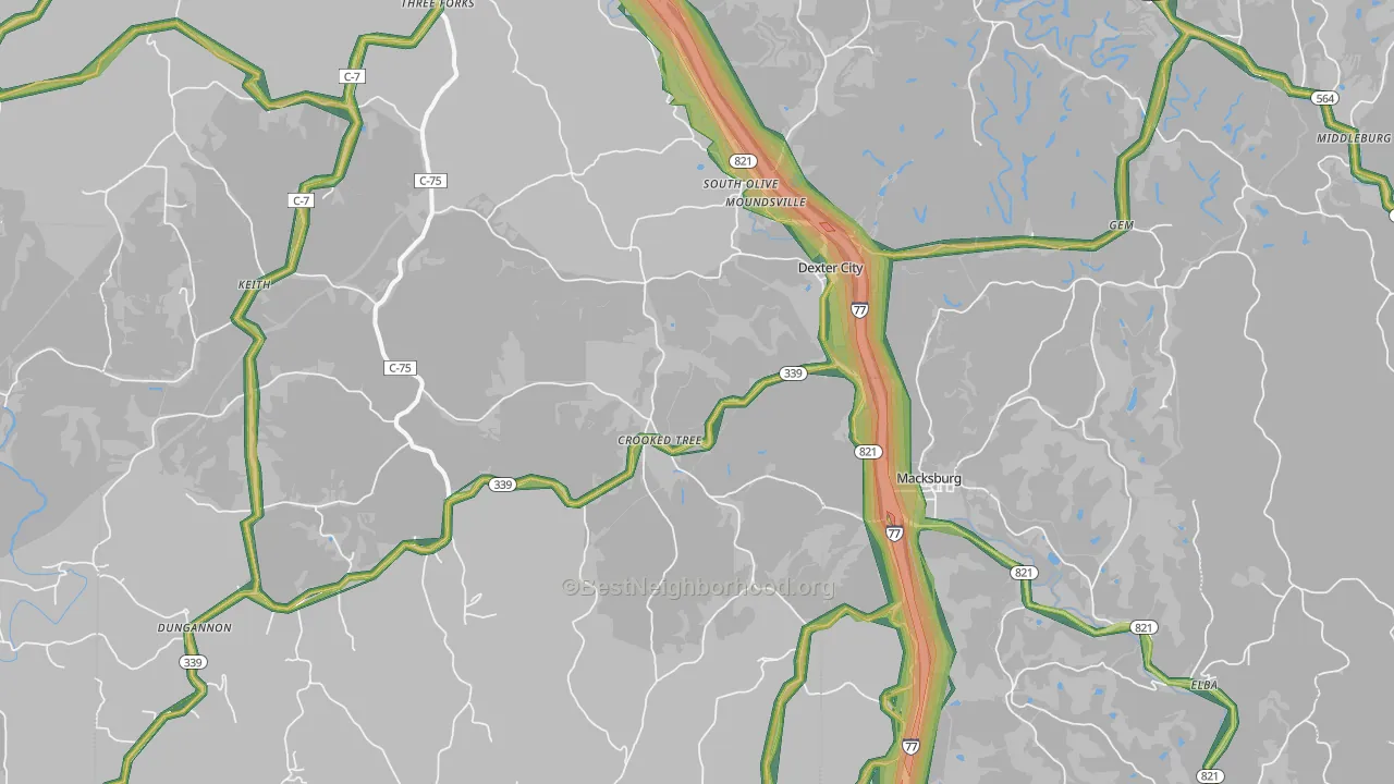 Dexter City, OH Map of Noise Levels in Dexter City