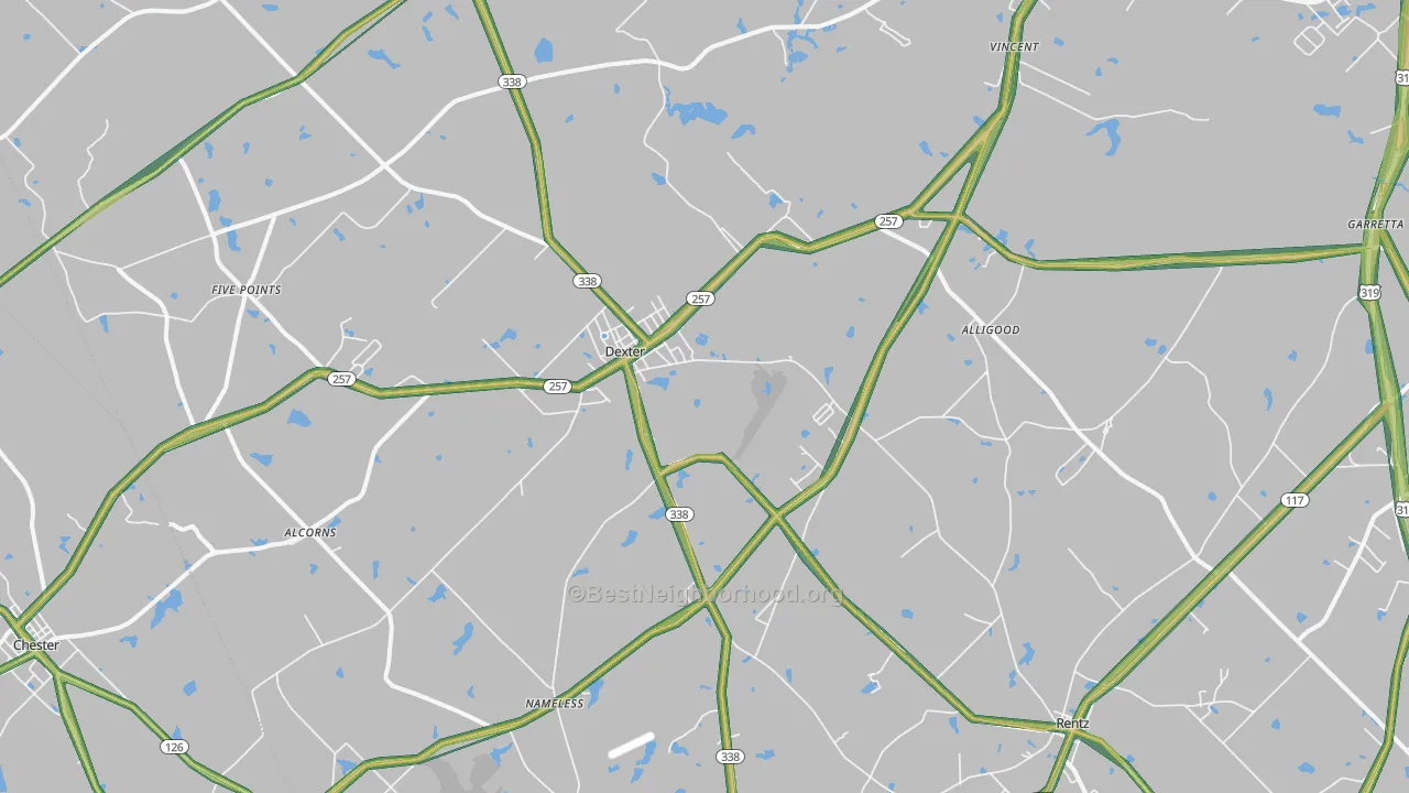 Dexter, GA Map of Noise Levels in Dexter