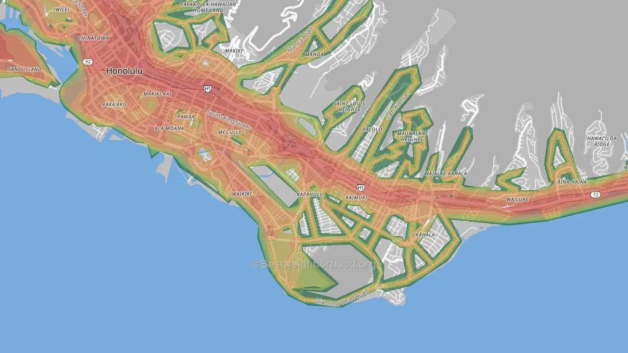Diamond Head-Kapahulu-St Louis, Honolulu, HI Map of Noise Levels in Diamond Head-Kapahulu-St Louis