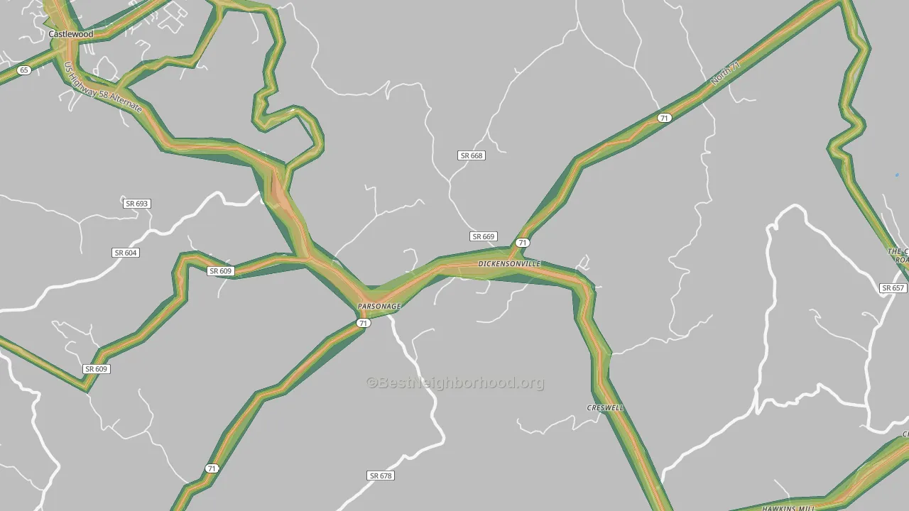 Dickensonville, VA Map of Noise Levels in Dickensonville