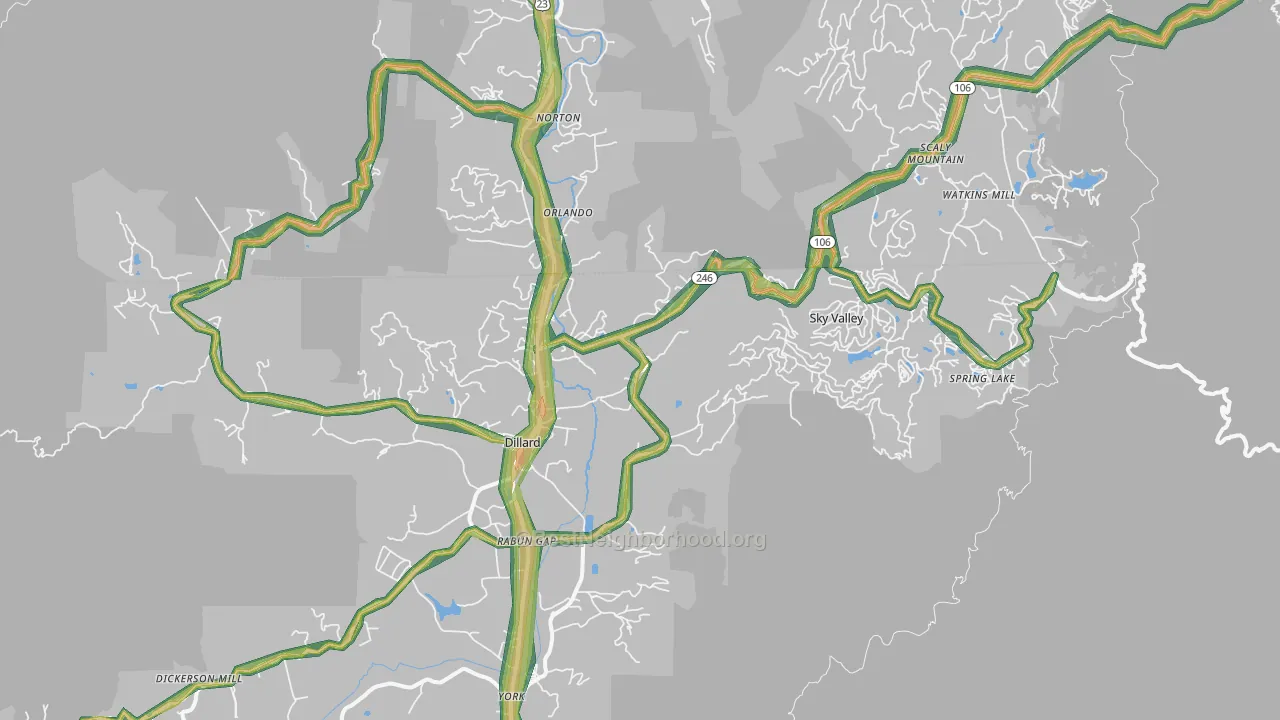 Dillard, GA Map of Noise Levels in Dillard