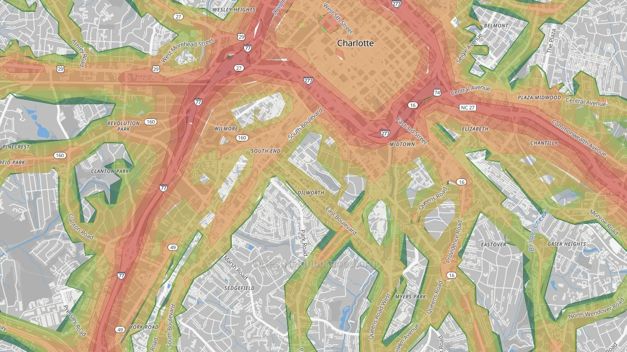 Dilworth, Charlotte, NC Map of Noise Levels in Dilworth