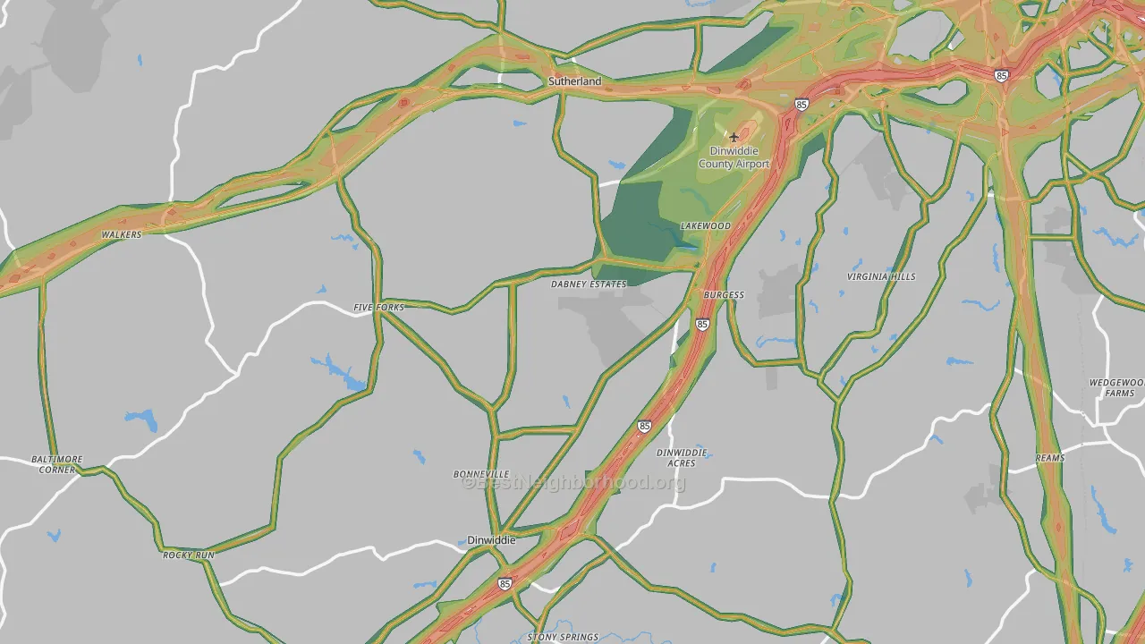 Dinwiddie County, VA Map of Noise Levels in Dinwiddie County