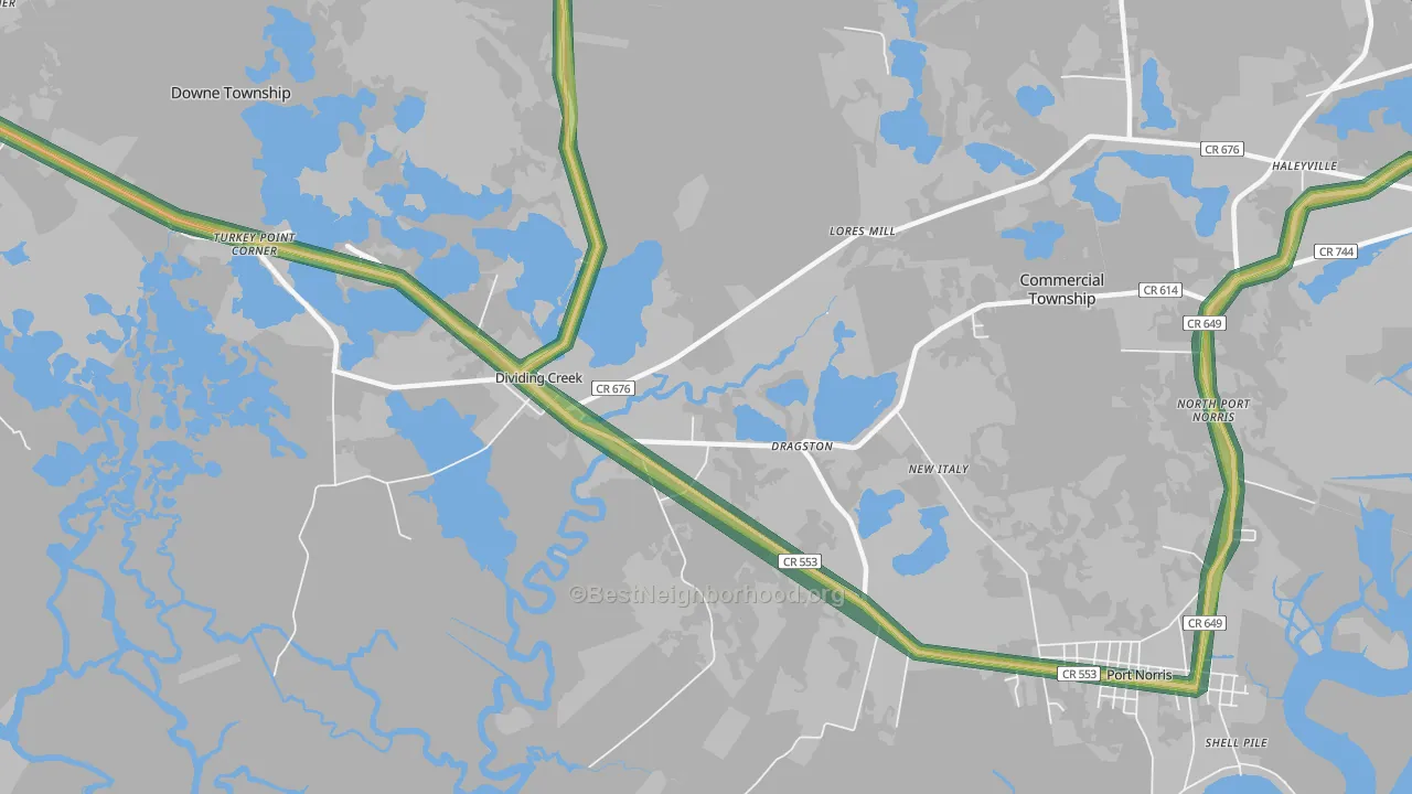Dividing Creek, NJ Map of Noise Levels in Dividing Creek