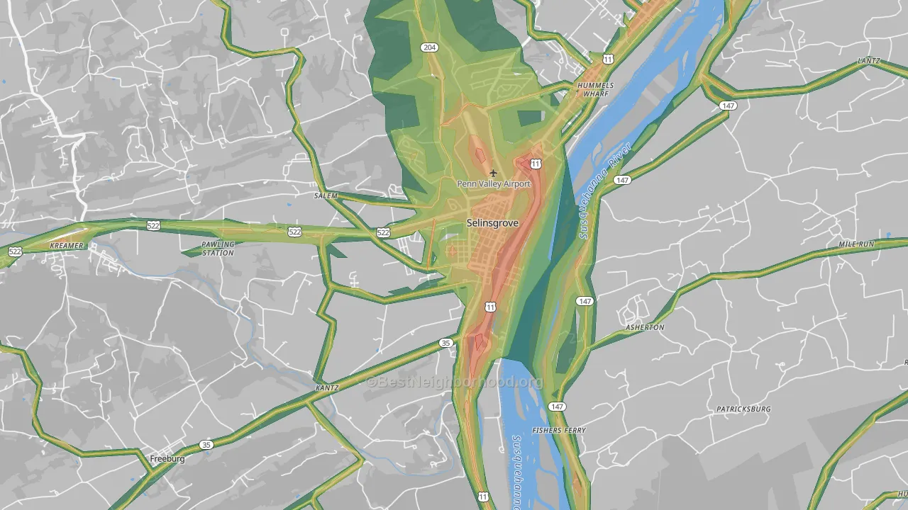 Dogtown, Selinsgrove, PA Map of Noise Levels in Dogtown