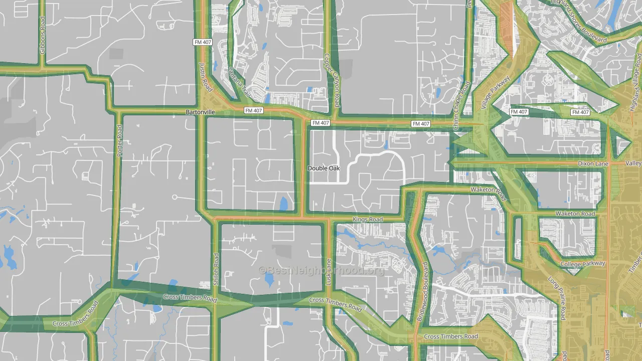 Double Oak, TX Map of Noise Levels in Double Oak