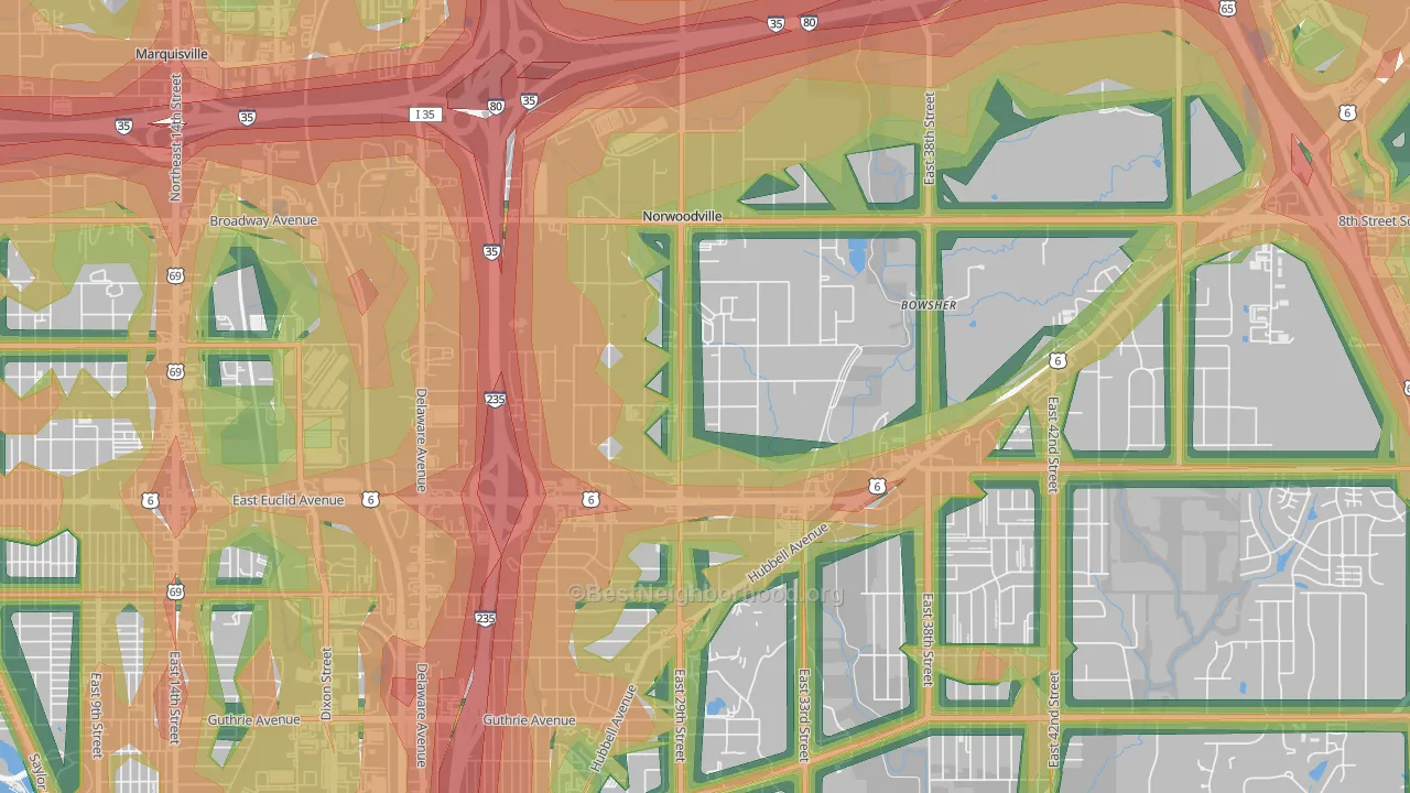 Douglas Acres, Des Moines, IA Map of Noise Levels in Douglas Acres