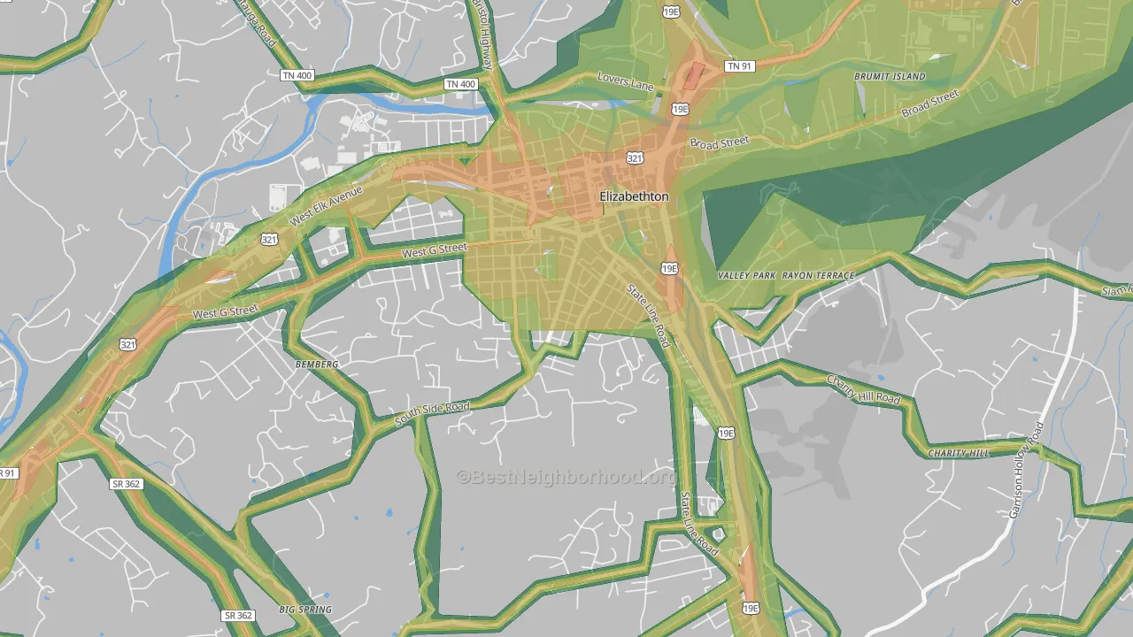 Douglas, Elizabethton, TN Map of Noise Levels in Douglas