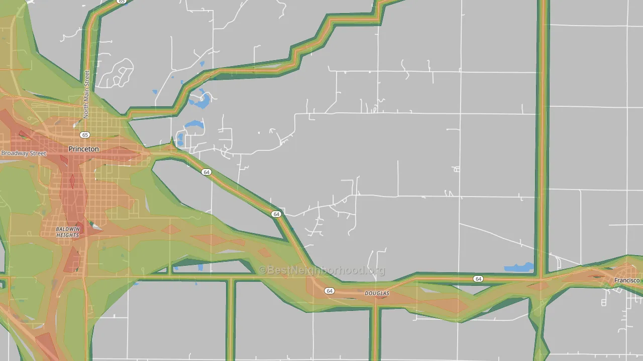 Douglas, IN Map of Noise Levels in Douglas
