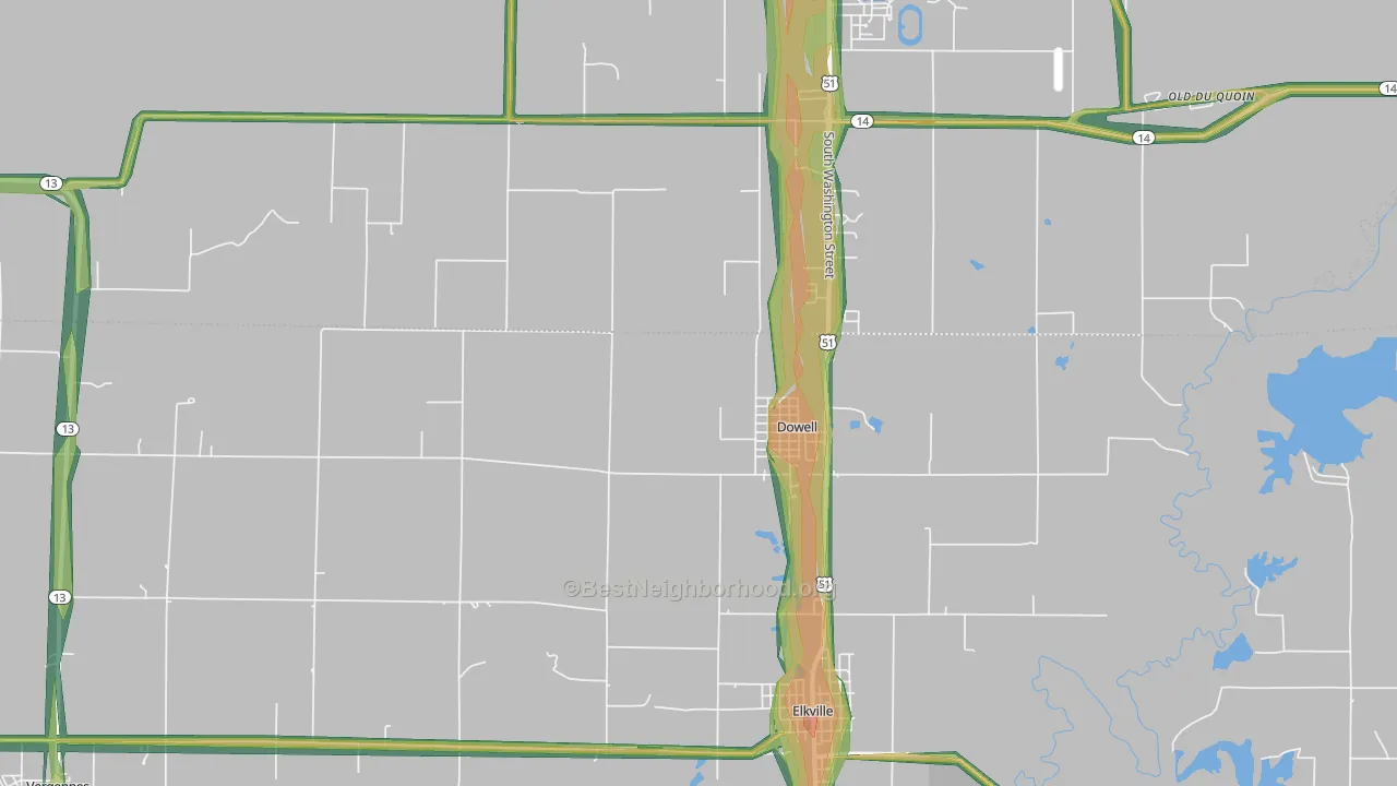 Dowell, IL Map of Noise Levels in Dowell