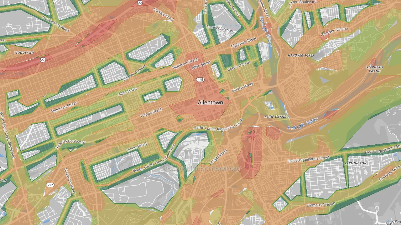 Downtown, Allentown, PA Map of Noise Levels in Downtown