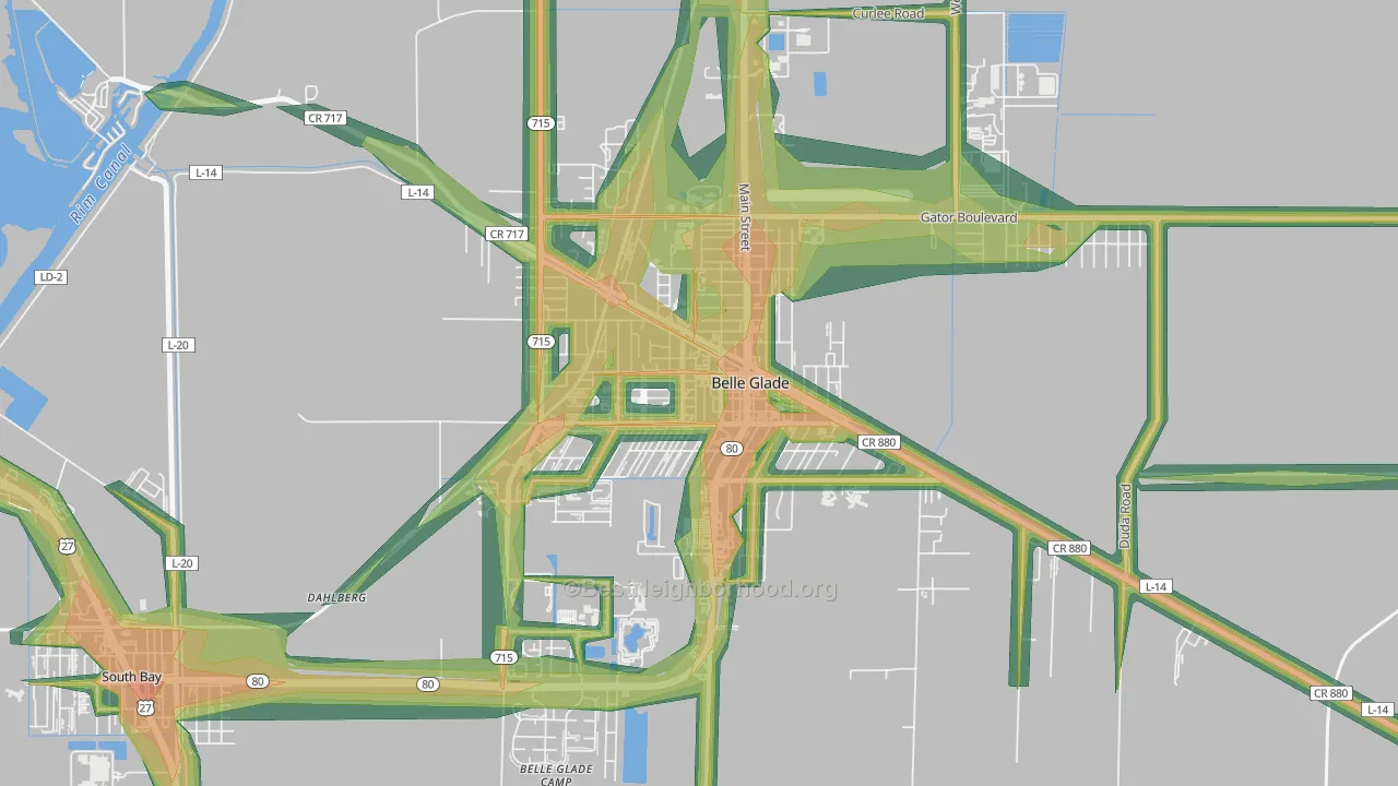 Downtown Belle Glade, Belle Glade, FL Map of Noise Levels in Downtown Belle Glade