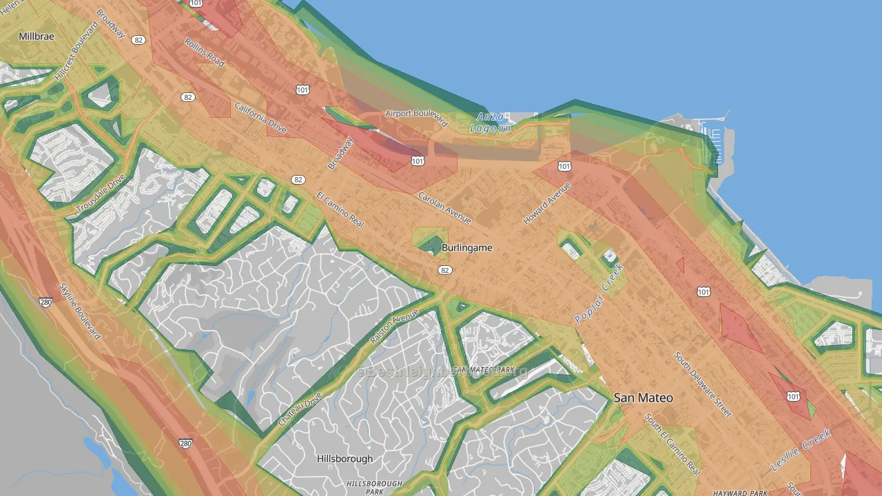 Downtown Burlingame, Burlingame, CA Map of Noise Levels in Downtown Burlingame