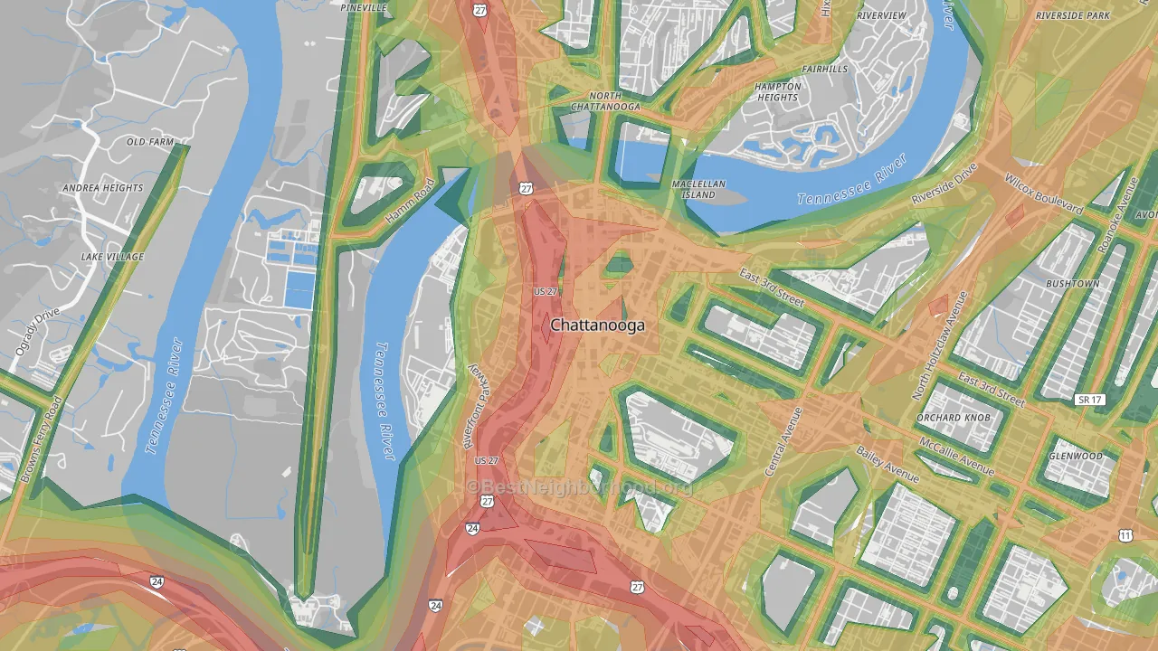Downtown Chattanooga, Chattanooga, TN Map of Noise Levels in Downtown Chattanooga