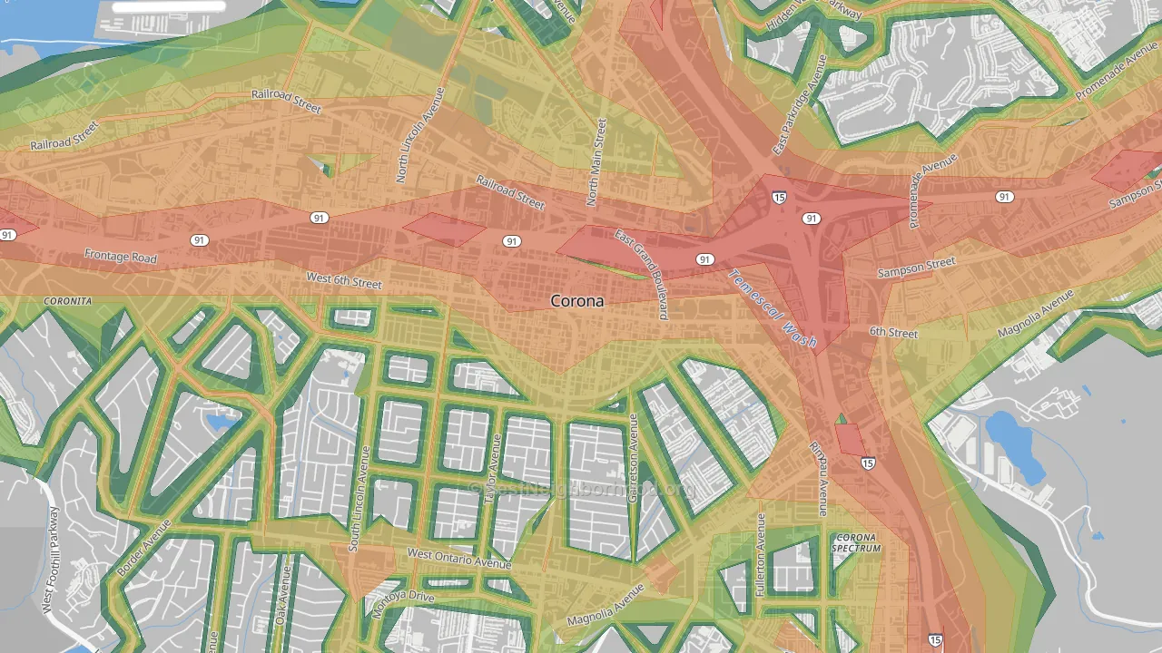 Downtown Corona, Corona, CA Map of Noise Levels in Downtown Corona