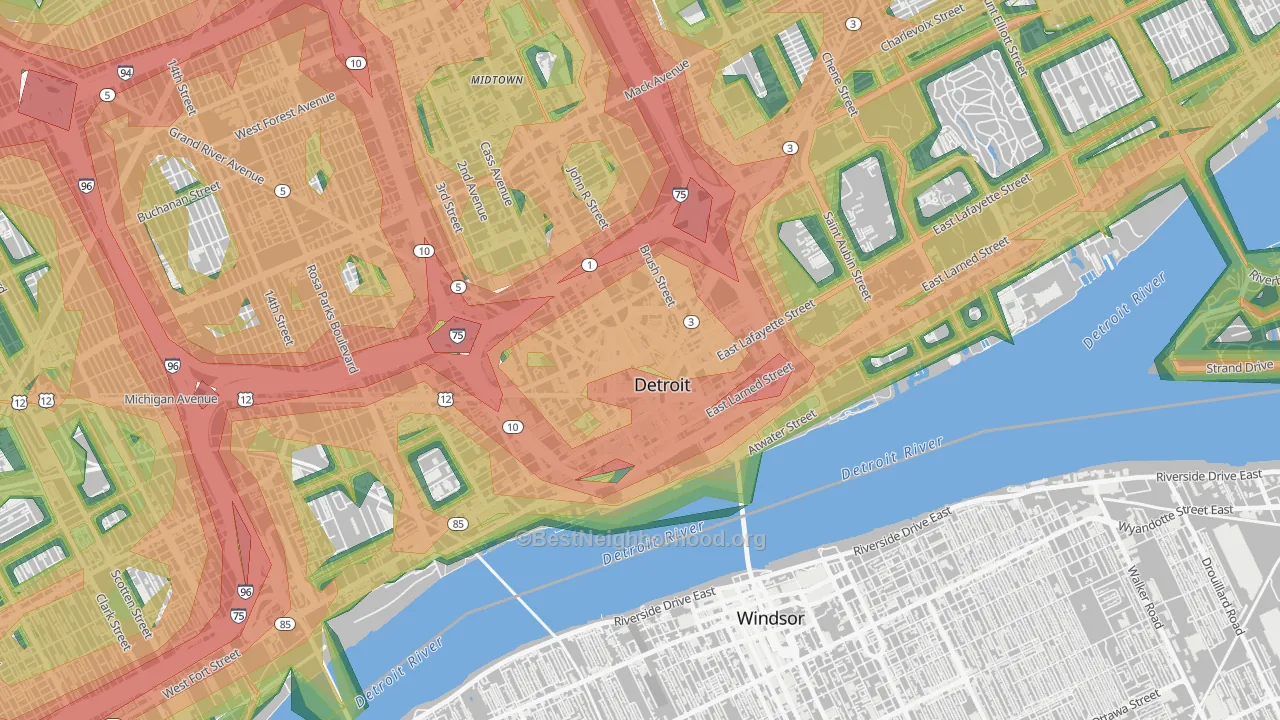 Downtown Detroit, Detroit, MI Map of Noise Levels in Downtown Detroit