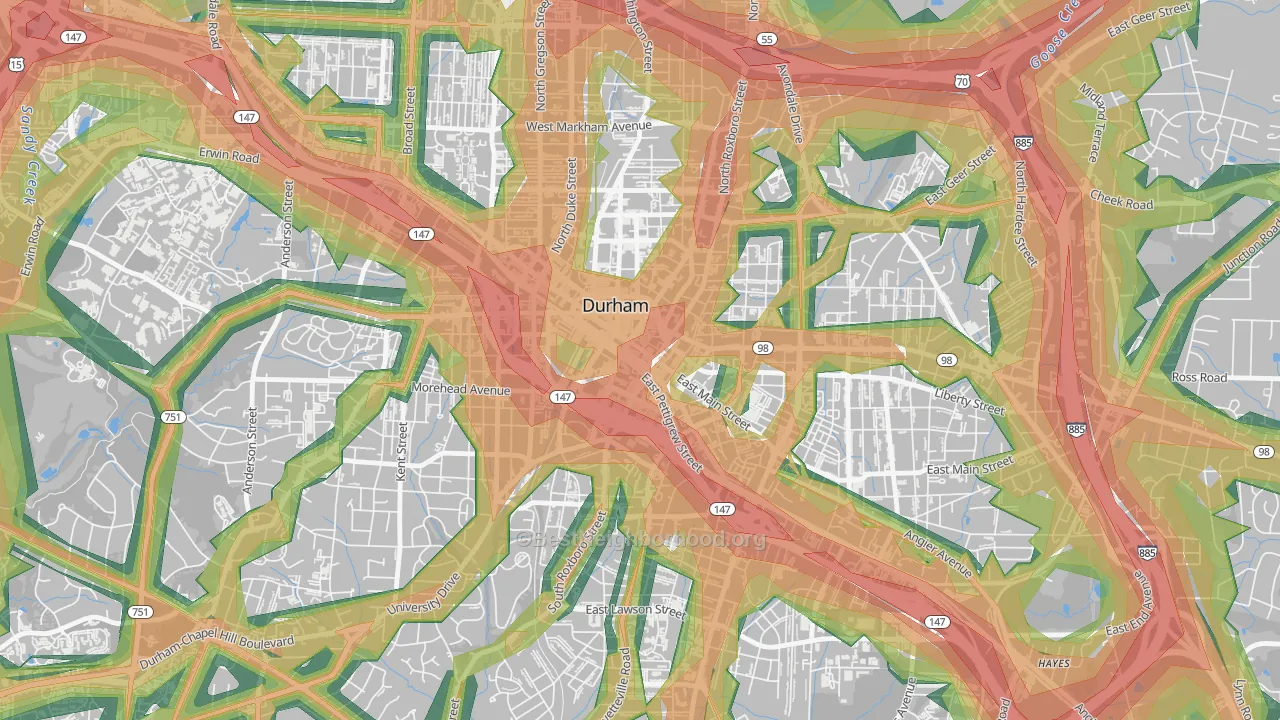 Downtown Durham, Durham, NC Map of Noise Levels in Downtown Durham