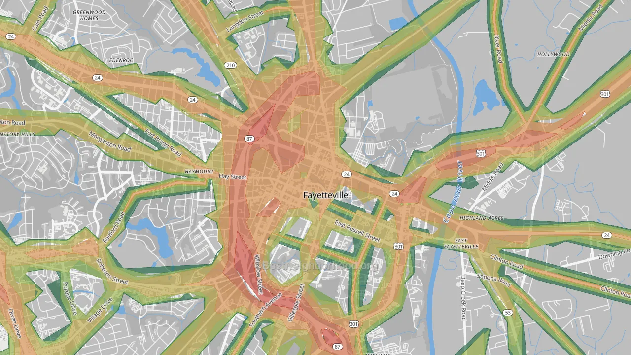 Downtown Fayetteville, Fayetteville, NC Map of Noise Levels in Downtown Fayetteville