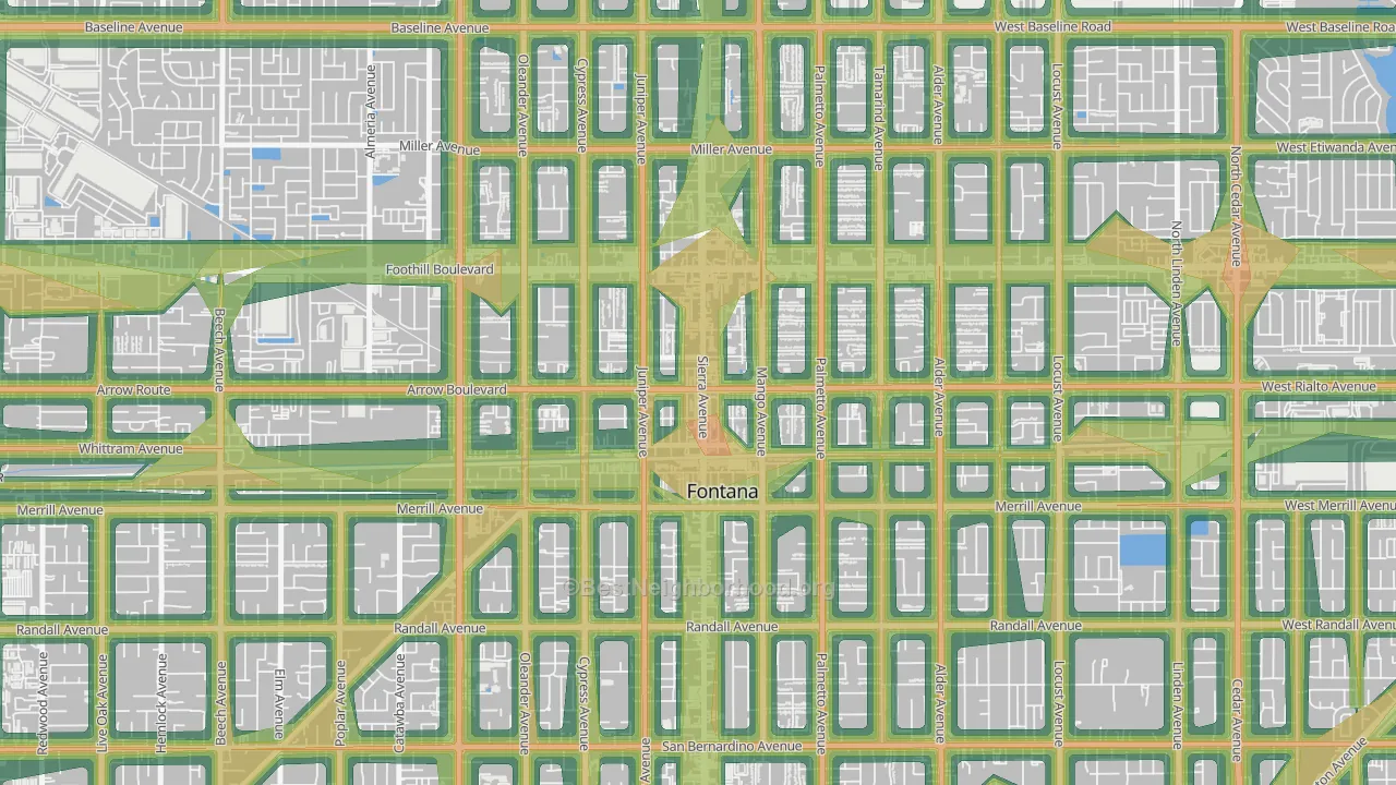 Downtown Fontana, Fontana, CA Map of Noise Levels in Downtown Fontana