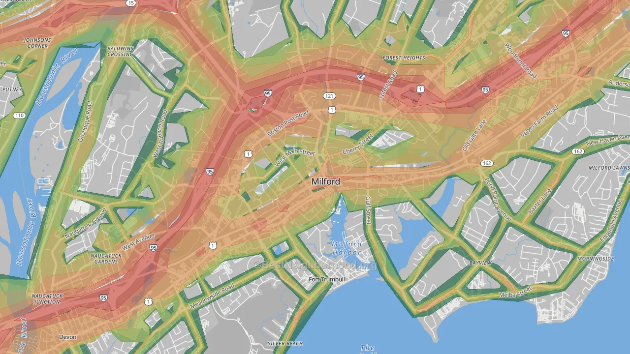 Downtown Harbor-Post Road South, Milford, CT Map of Noise Levels in Downtown Harbor-Post Road South