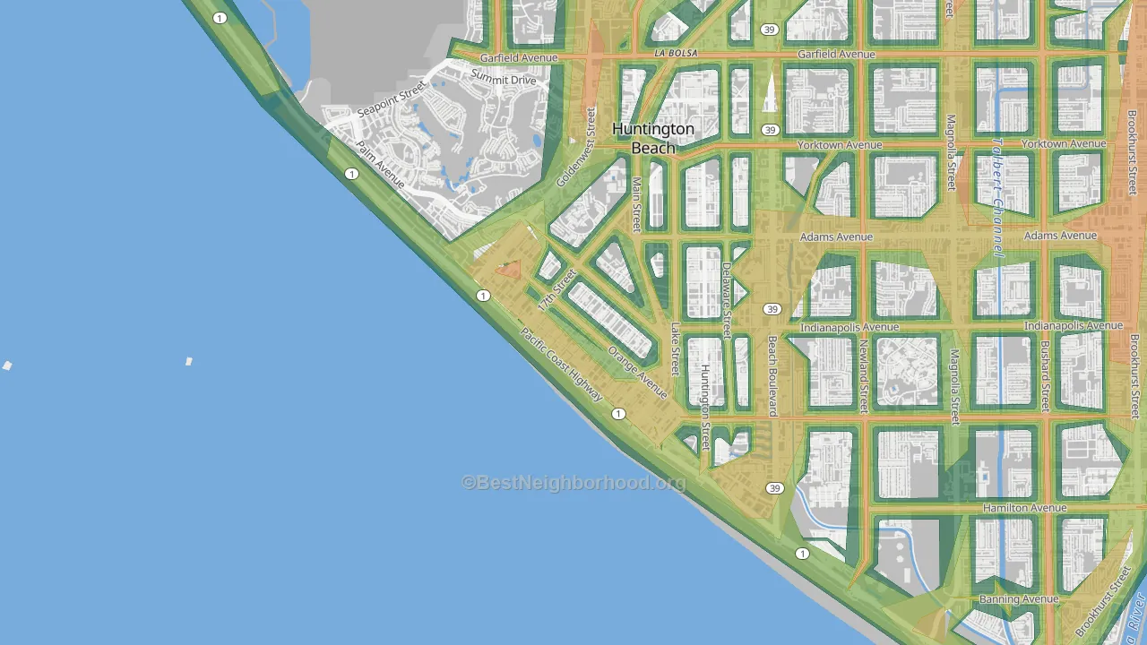 Downtown Huntington Beach, Huntington Beach, CA Map of Noise Levels in Downtown Huntington Beach