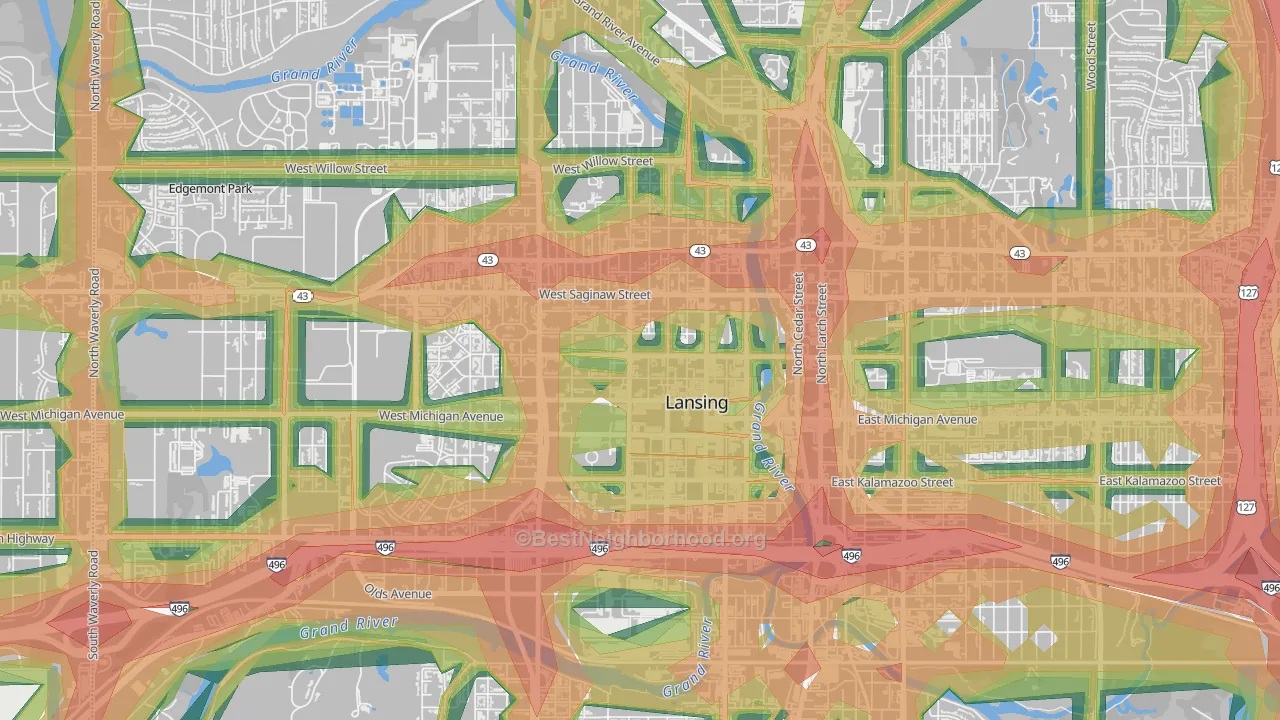 Downtown Lansing, Lansing, MI Map of Noise Levels in Downtown Lansing
