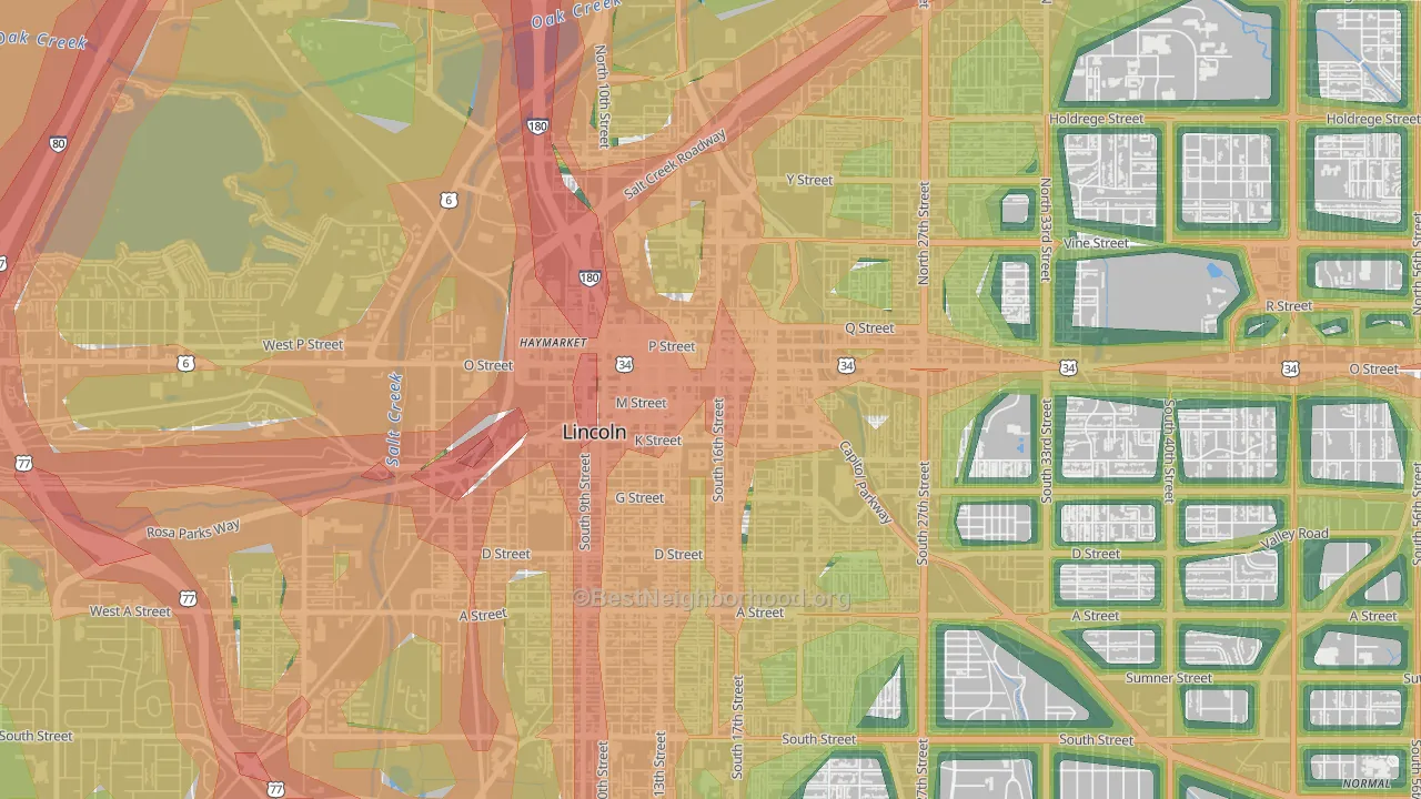 Downtown Lincoln, Lincoln, NE Map of Noise Levels in Downtown Lincoln