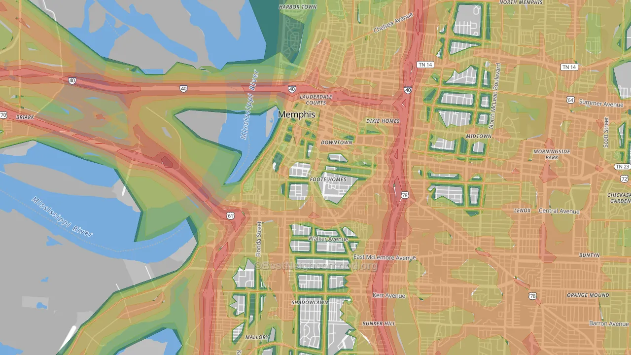Downtown Memphis, Memphis, TN Map of Noise Levels in Downtown Memphis