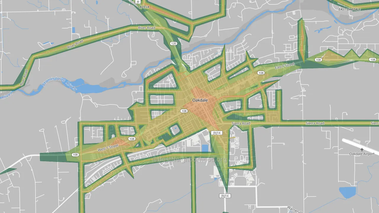 Downtown Oakdale, Oakdale, CA Map of Noise Levels in Downtown Oakdale