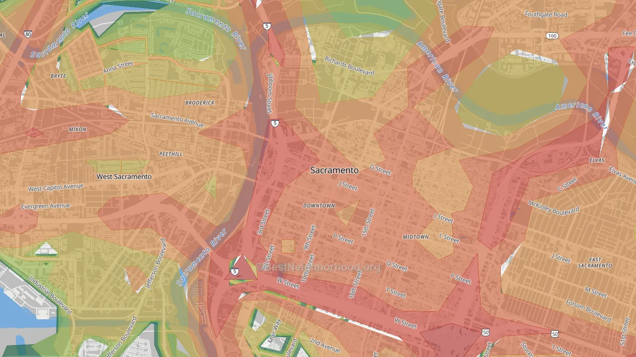 Downtown Sacramento, Sacramento, CA Map of Noise Levels in Downtown Sacramento