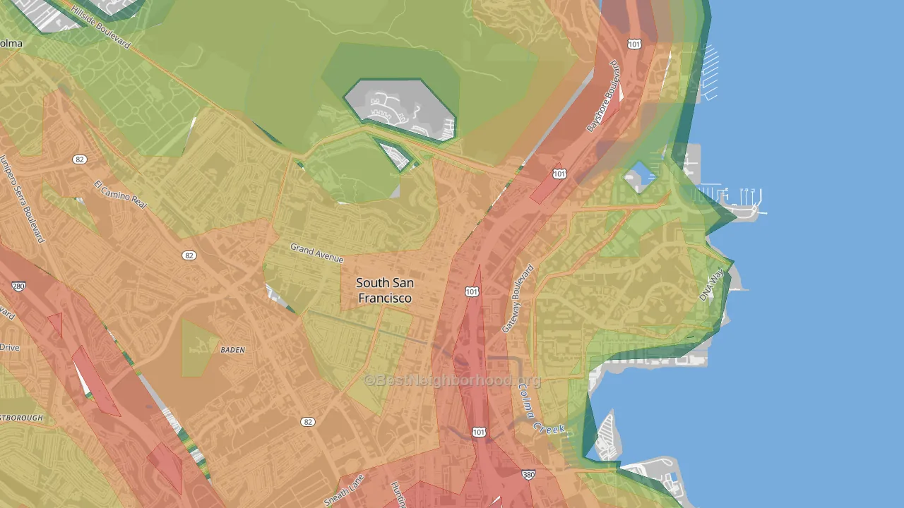 Downtown South San Francisco, South San Francisco, CA Map of Noise Levels in Downtown South San Francisco
