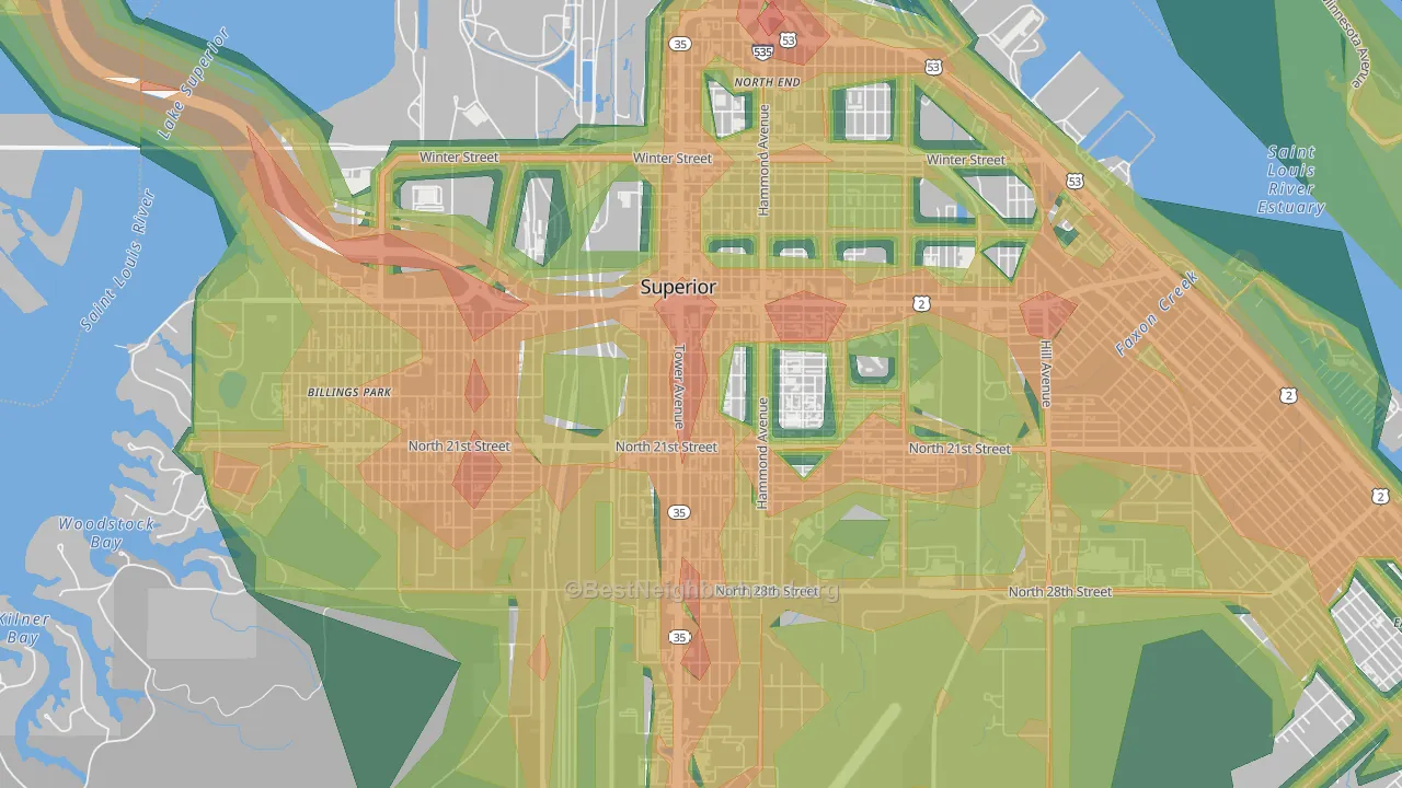 Downtown, Superior, WI Map of Noise Levels in Downtown