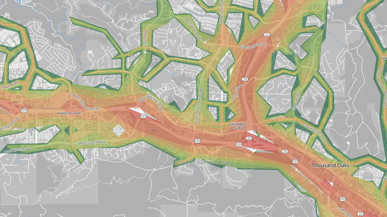 Downtown Thousand Oaks, Thousand Oaks, CA Map of Noise Levels in Downtown Thousand Oaks