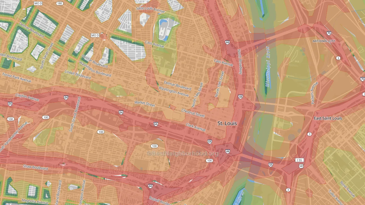 Downtown West, St. Louis, MO Map of Noise Levels in Downtown West