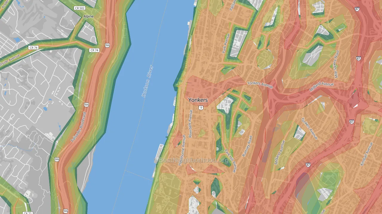 Downtown Yonkers, Yonkers, NY Map of Noise Levels in Downtown Yonkers