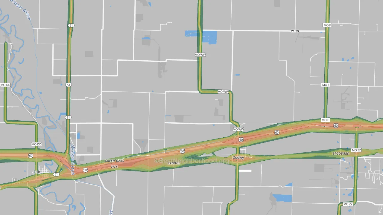 Dudley, MO Map of Noise Levels in Dudley