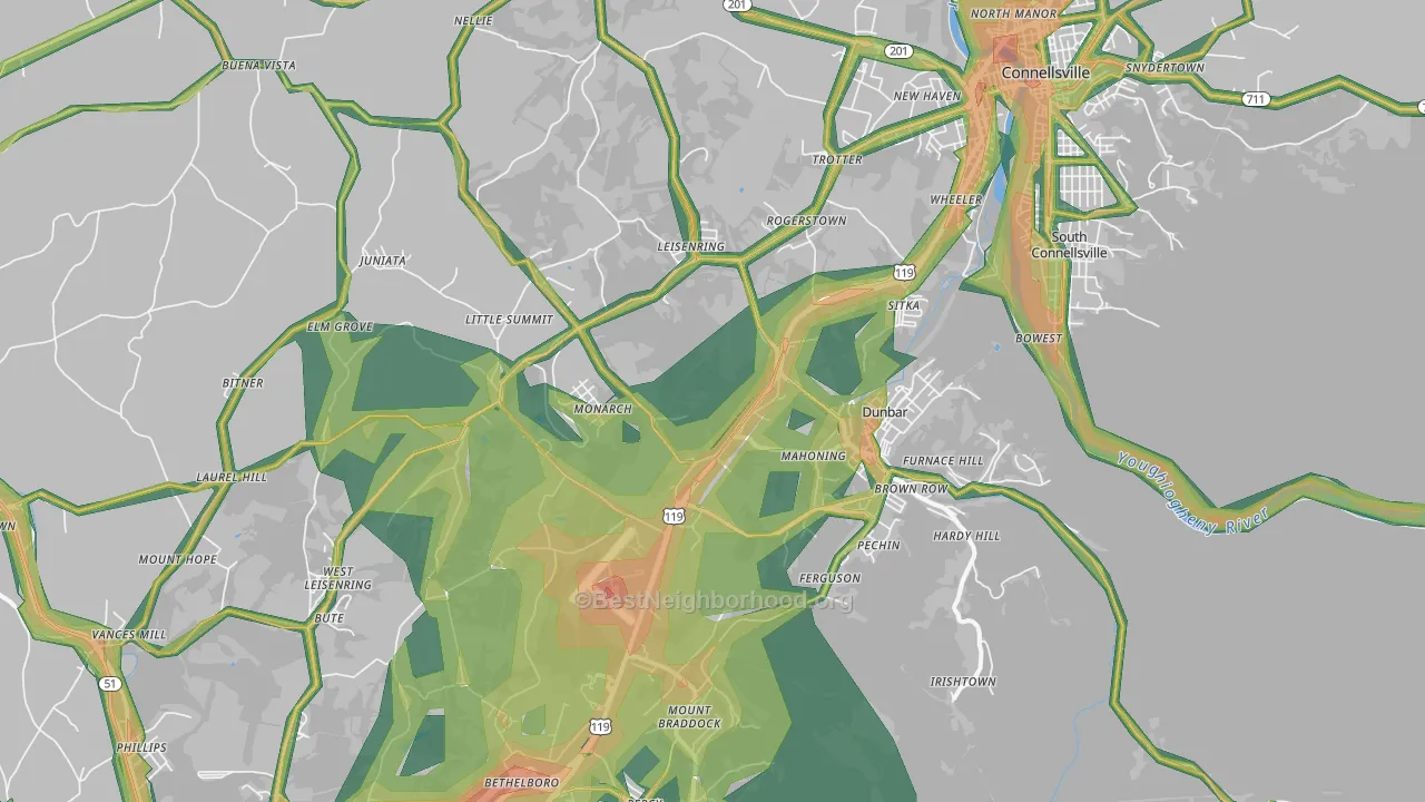 Dunbar, PA Map of Noise Levels in Dunbar