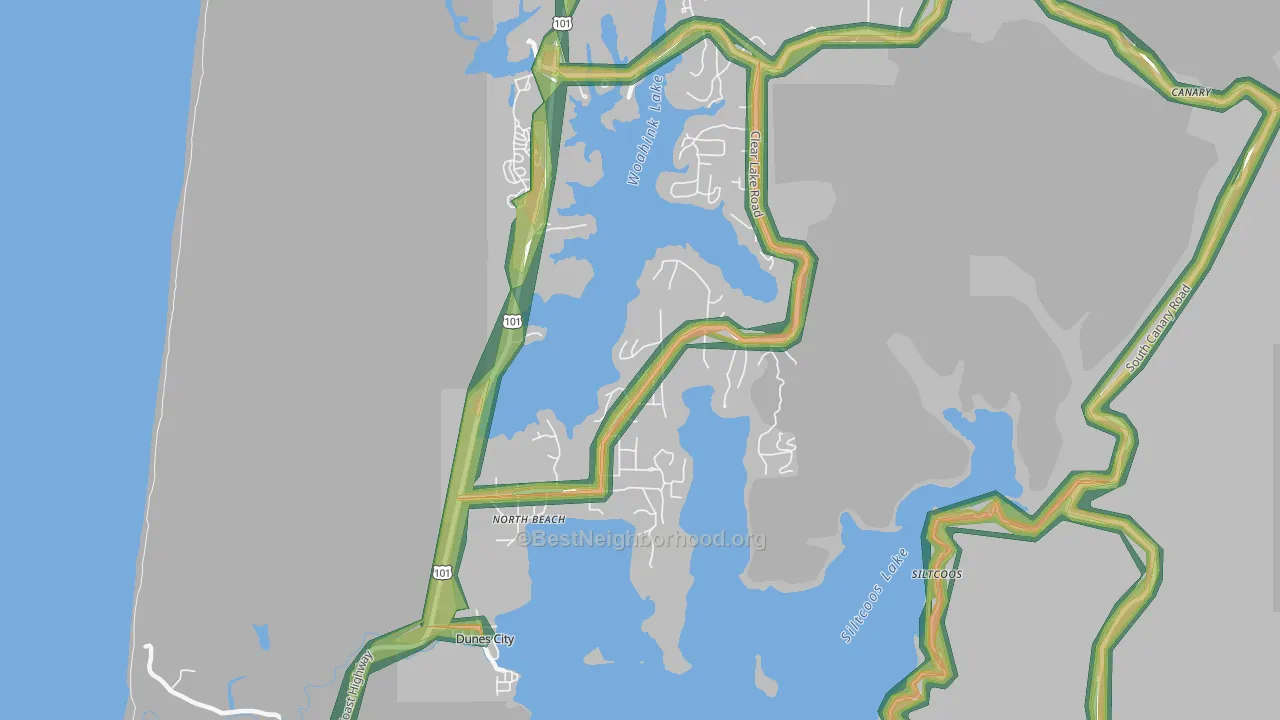 Dunes City, OR Map of Noise Levels in Dunes City