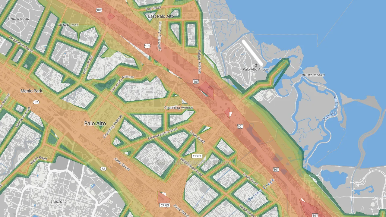 Duveneck-Saint Francis, Palo Alto, CA Map of Noise Levels in Duveneck-Saint Francis