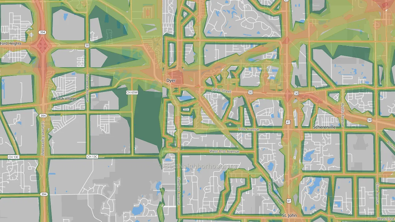 Dyer, IN Map of Noise Levels in Dyer