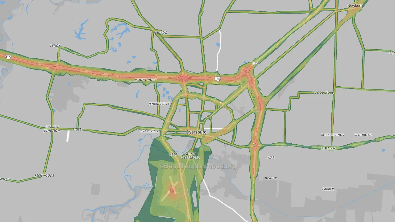 Dyersburg, TN Map of Noise Levels in Dyersburg