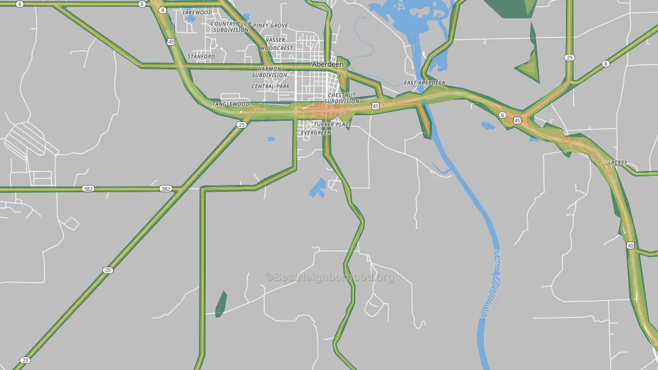 East Aberdeen, MS Map of Noise Levels in East Aberdeen