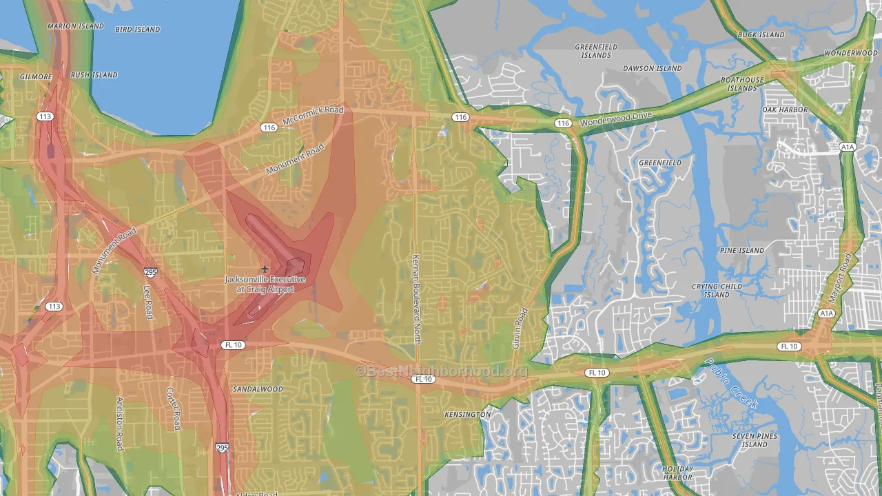 East Arlington, Jacksonville, FL Map of Noise Levels in East Arlington