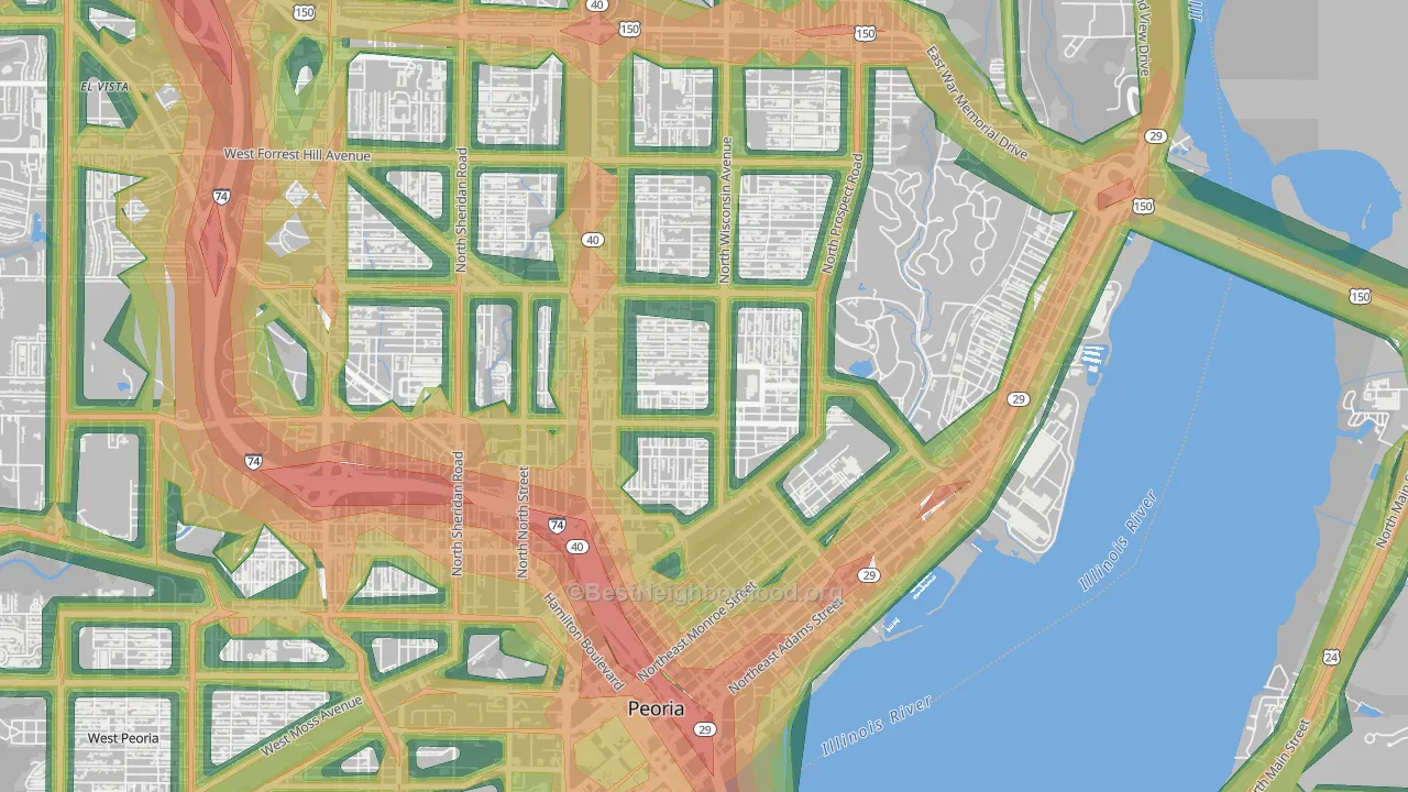 East Bluff, Peoria, IL Map of Noise Levels in East Bluff
