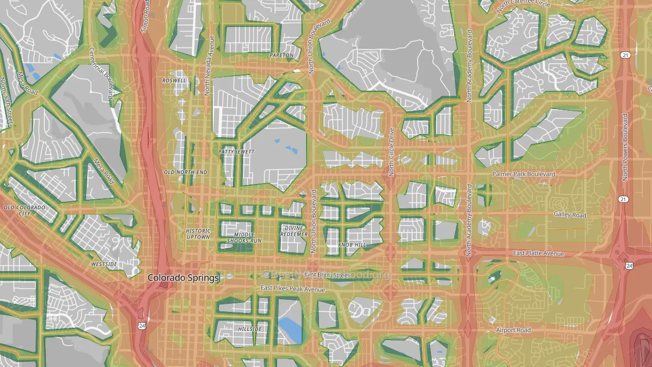 East Colorado Springs, Colorado Springs, CO Map of Noise Levels in East Colorado Springs