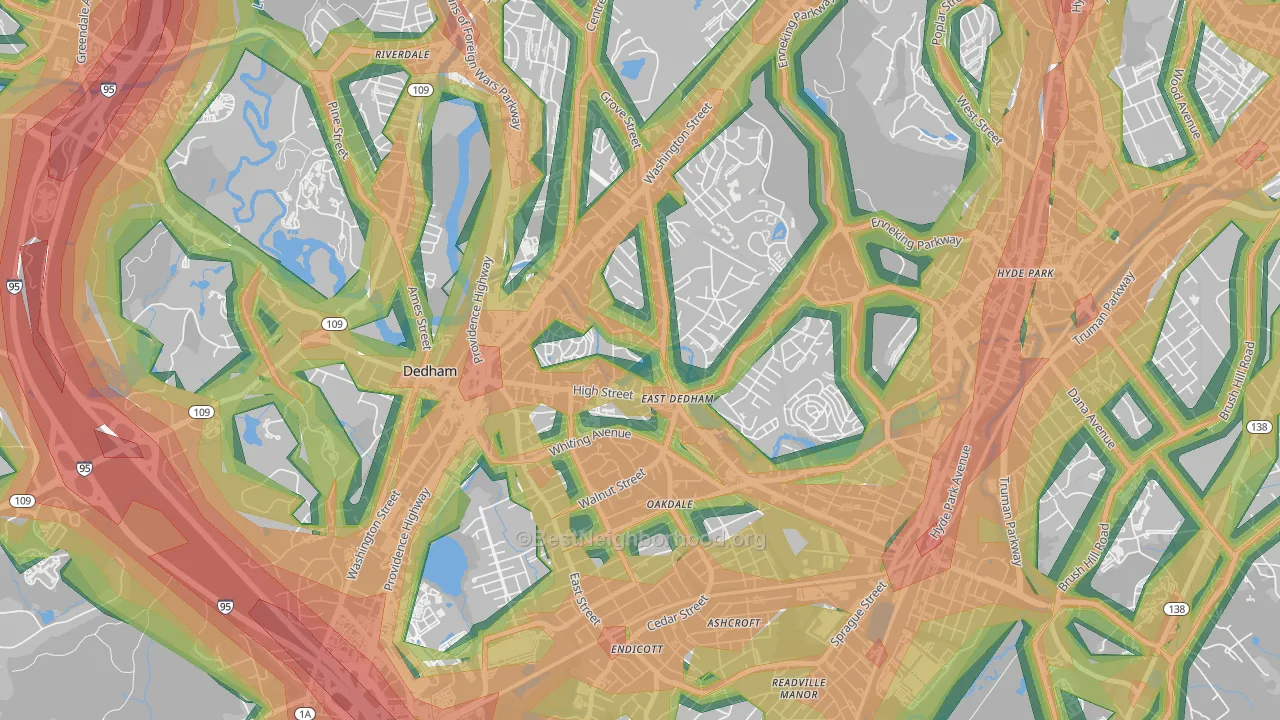 East Dedham, Dedham, MA Map of Noise Levels in East Dedham